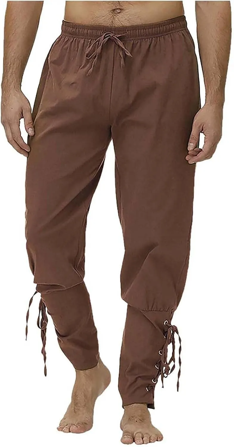 Mens Drawstring Waist Linen Banded Pants Gothic Pants MedievalPirate Trousers 2025