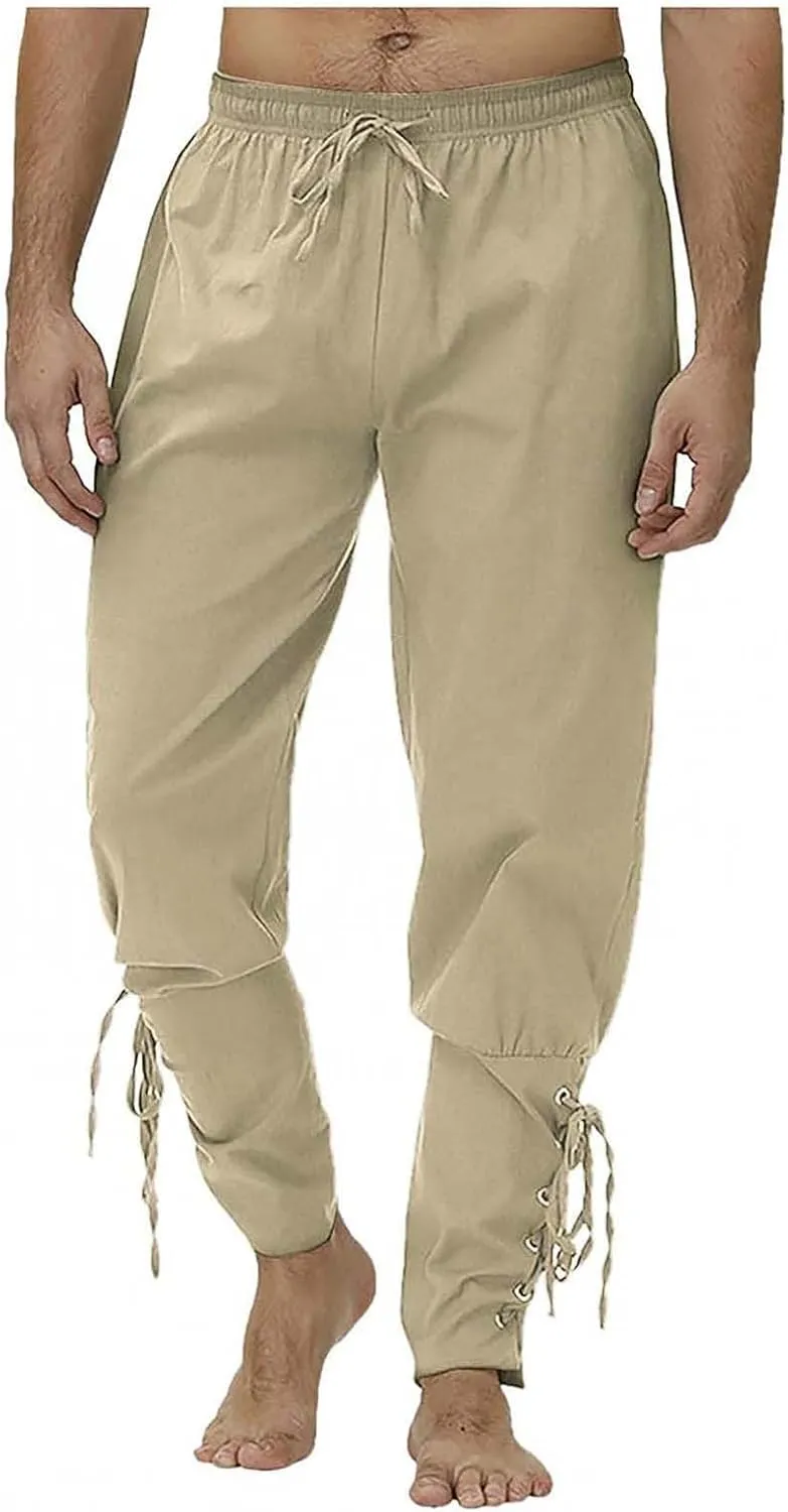 Mens Drawstring Waist Linen Banded Pants Gothic Pants MedievalPirate Trousers 2025