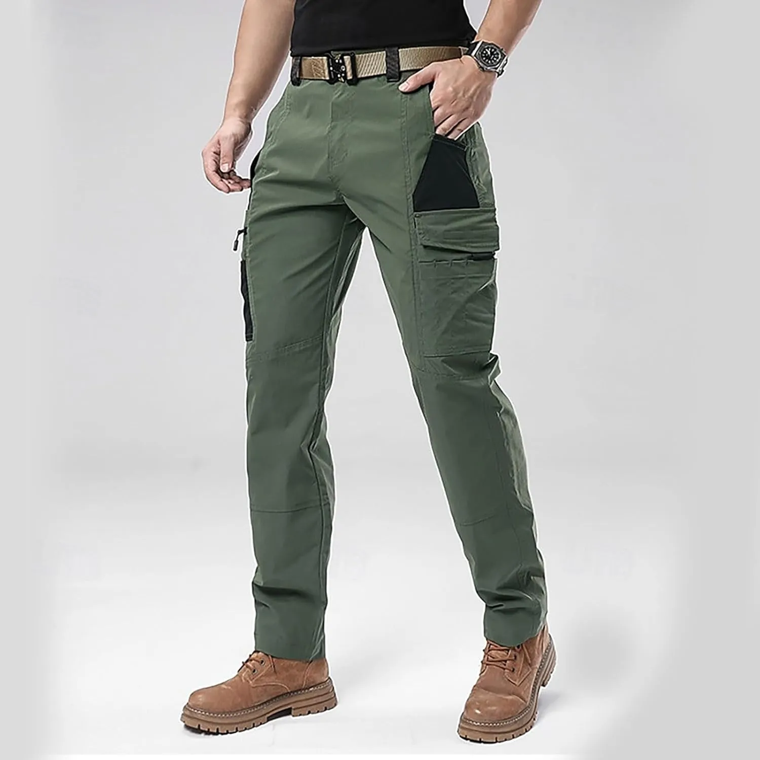 Men's Elastic Waist Tactical Cargo Pants Cotton Casual Slim Fit Pants