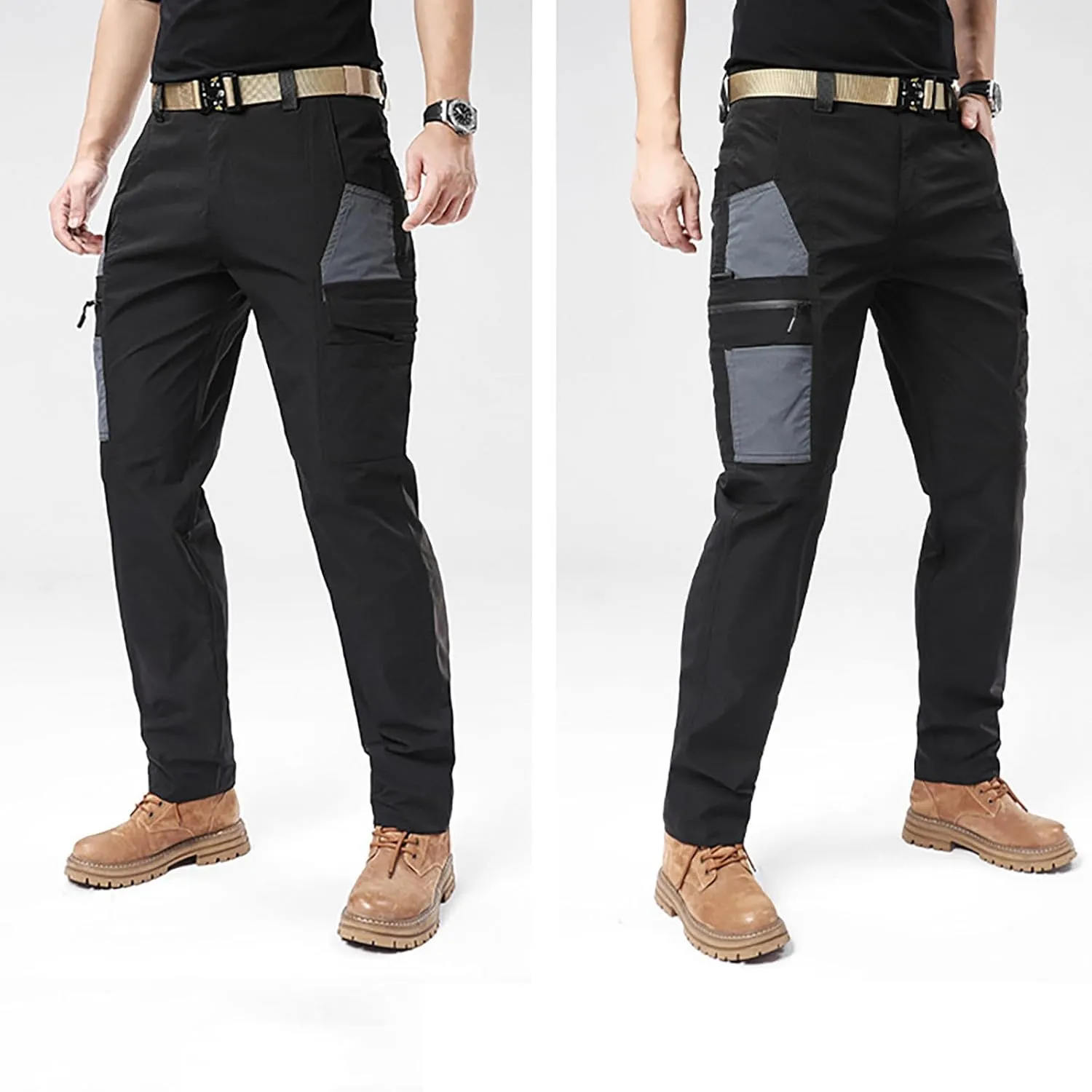 Men's Elastic Waist Tactical Cargo Pants Cotton Casual Slim Fit Pants