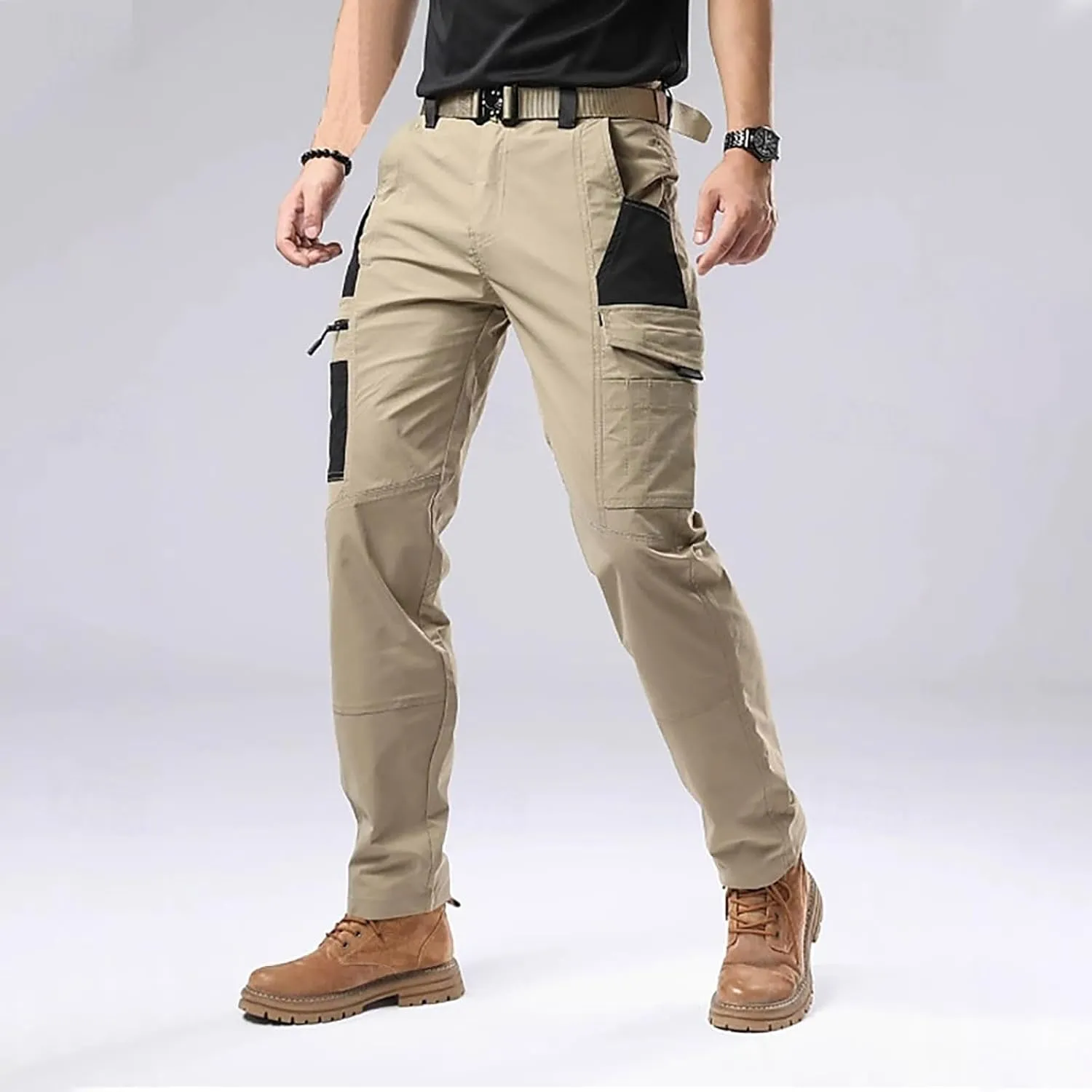 Men's Elastic Waist Tactical Cargo Pants Cotton Casual Slim Fit Pants
