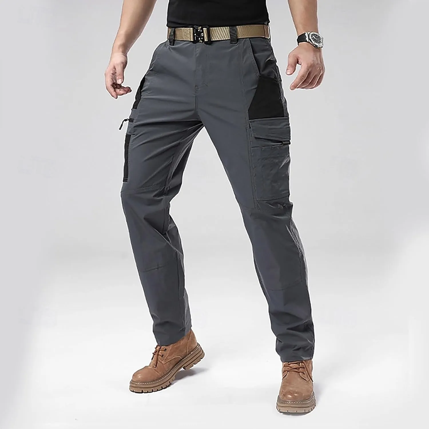 Men's Elastic Waist Tactical Cargo Pants Cotton Casual Slim Fit Pants