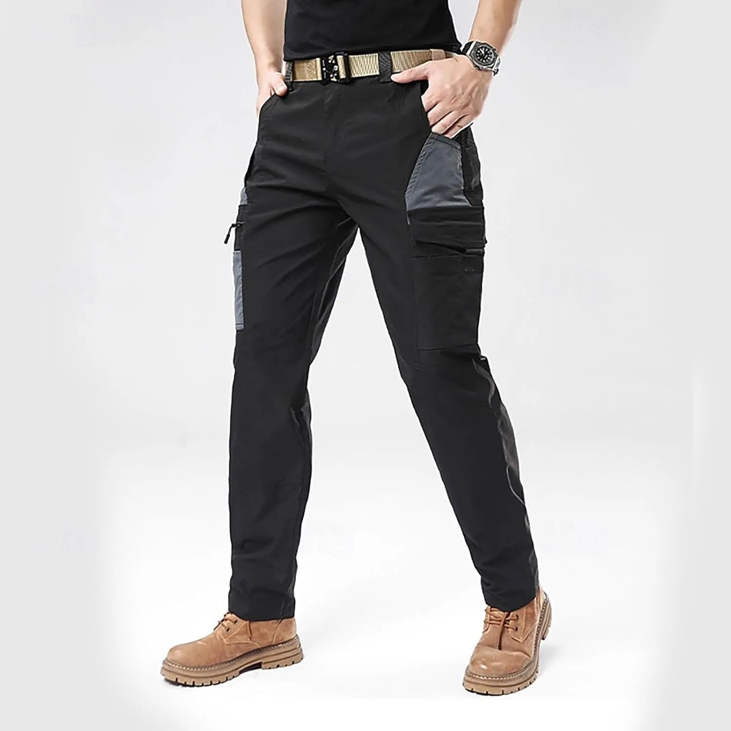 Men's Elastic Waist Tactical Cargo Pants Cotton Casual Slim Fit Pants