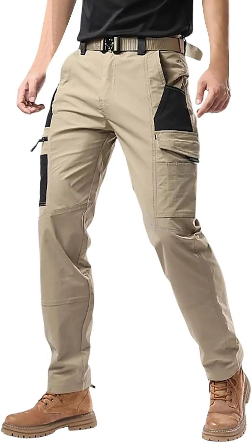 Men's Elastic Waist Tactical Cargo Pants Cotton Casual Slim Fit Pants