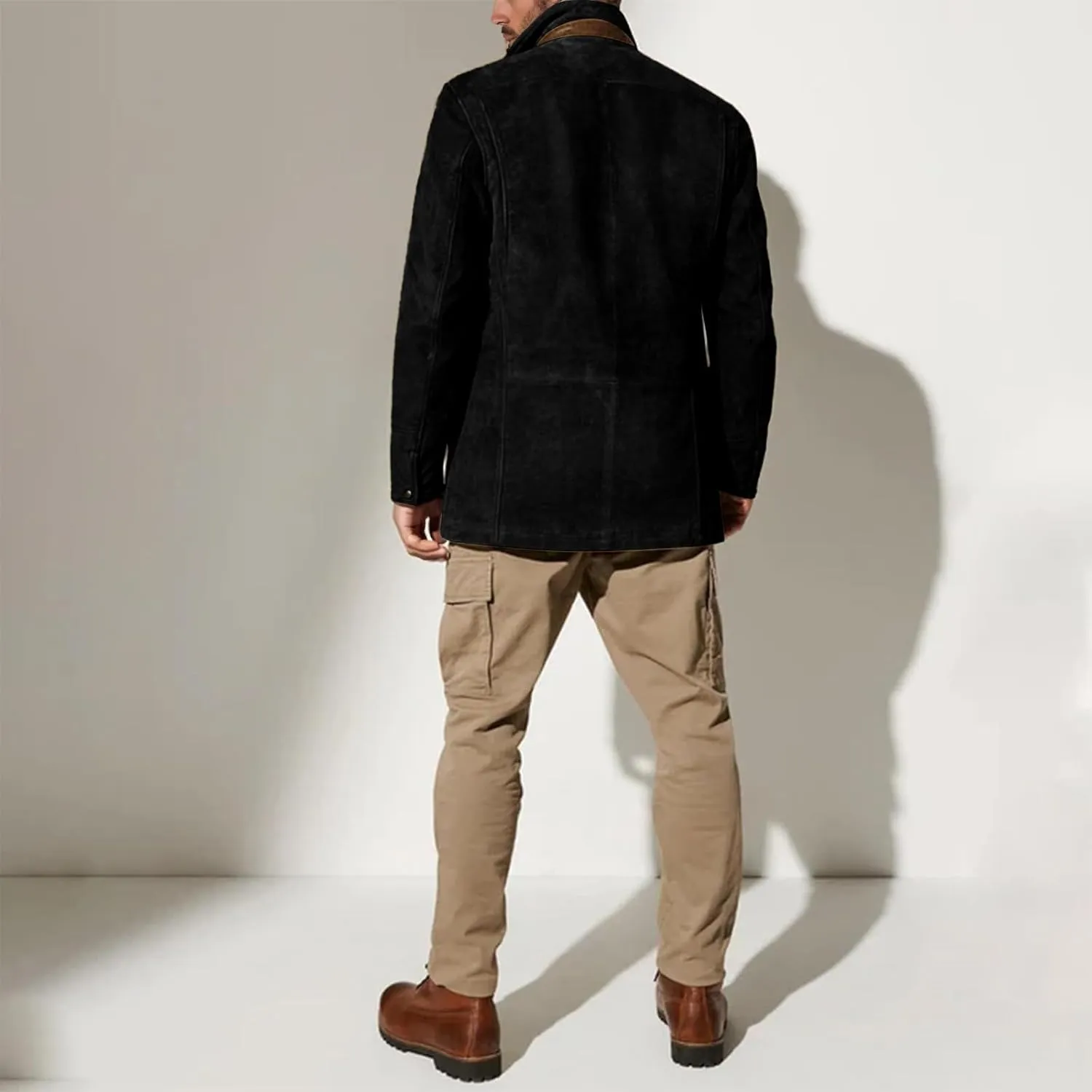 Mens Faux Suede Blazer Leather Suit Jacket Distressed Notch Lapel Buttons Sport Coat Zip Vintage Work Wear with Pockets