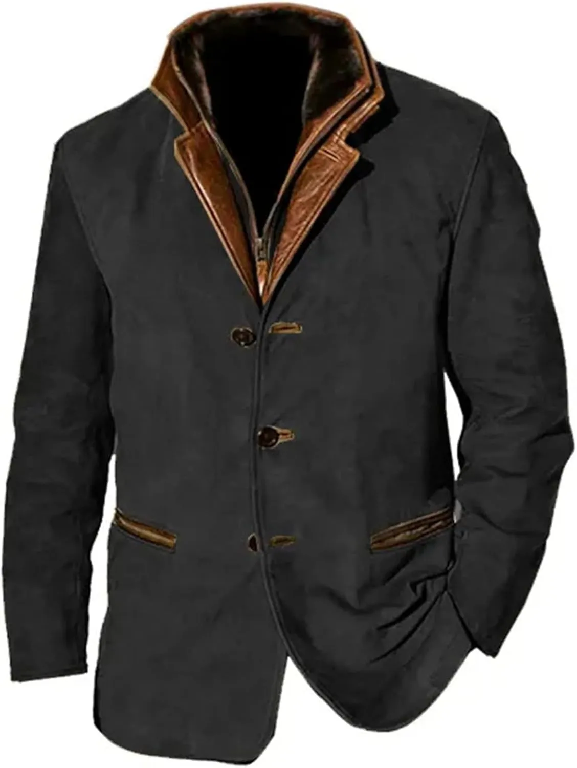 Mens Faux Suede Blazer Leather Suit Jacket Distressed Notch Lapel Buttons Sport Coat Zip Vintage Work Wear with Pockets