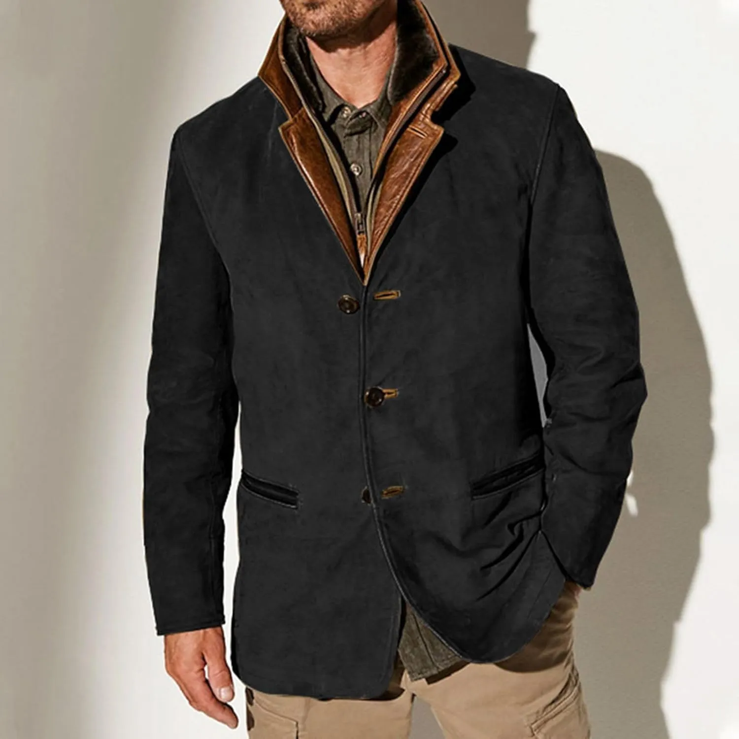 Mens Faux Suede Blazer Leather Suit Jacket Distressed Notch Lapel Buttons Sport Coat Zip Vintage Work Wear with Pockets