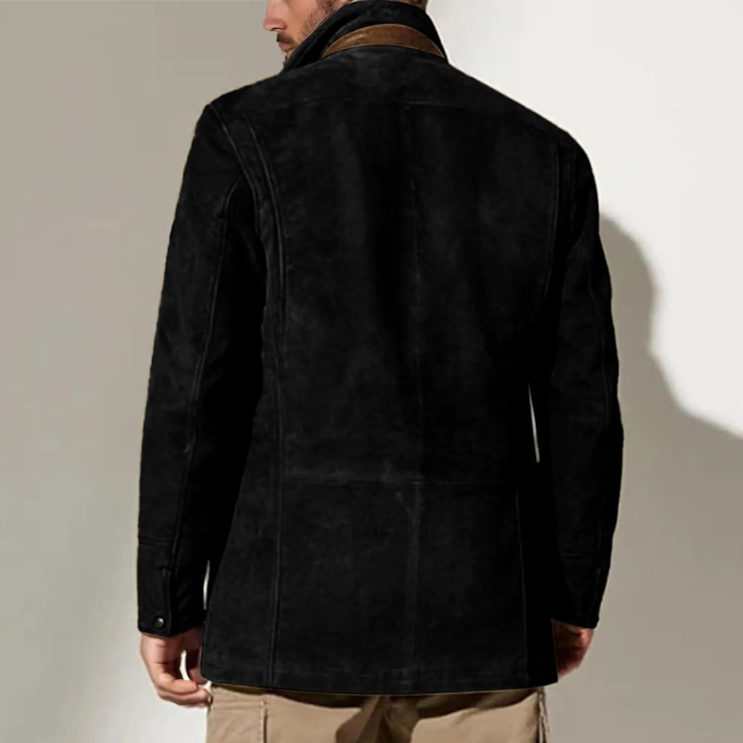 Mens Faux Suede Blazer Leather Suit Jacket Distressed Notch Lapel Buttons Sport Coat Zip Vintage Work Wear with Pockets