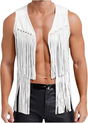 Men's Faux Suede Vest V Neck Fringe Sleeveless Western Cowboy Open Front Vest Party Club Waistcoat Jacket Tops