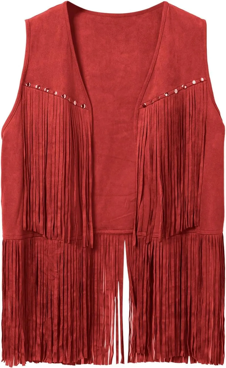 Men's Faux Suede Vest V Neck Fringe Sleeveless Western Cowboy Open Front Vest Party Club Waistcoat Jacket Tops