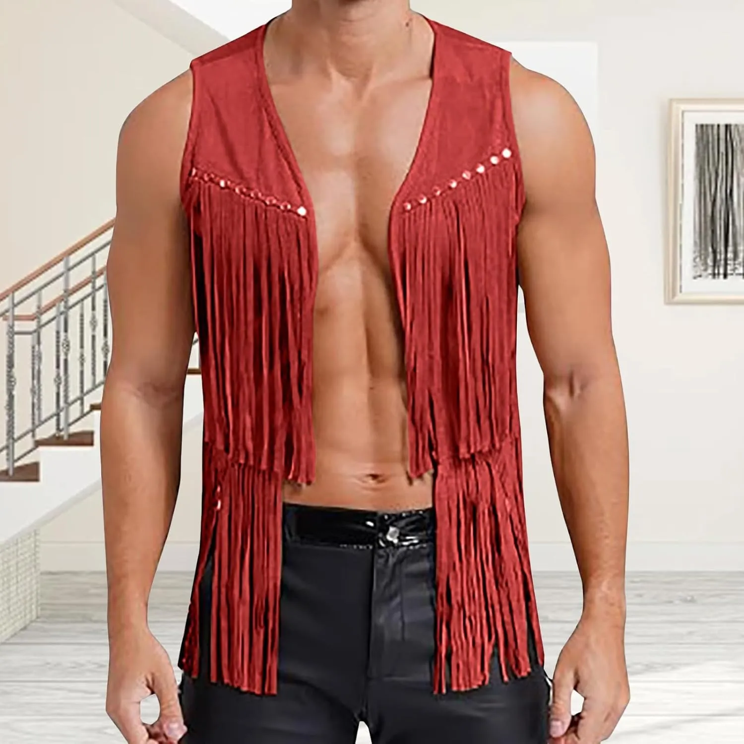 Men's Faux Suede Vest V Neck Fringe Sleeveless Western Cowboy Open Front Vest Party Club Waistcoat Jacket Tops
