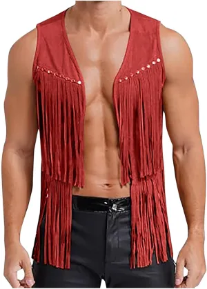 Men's Faux Suede Vest V Neck Fringe Sleeveless Western Cowboy Open Front Vest Party Club Waistcoat Jacket Tops