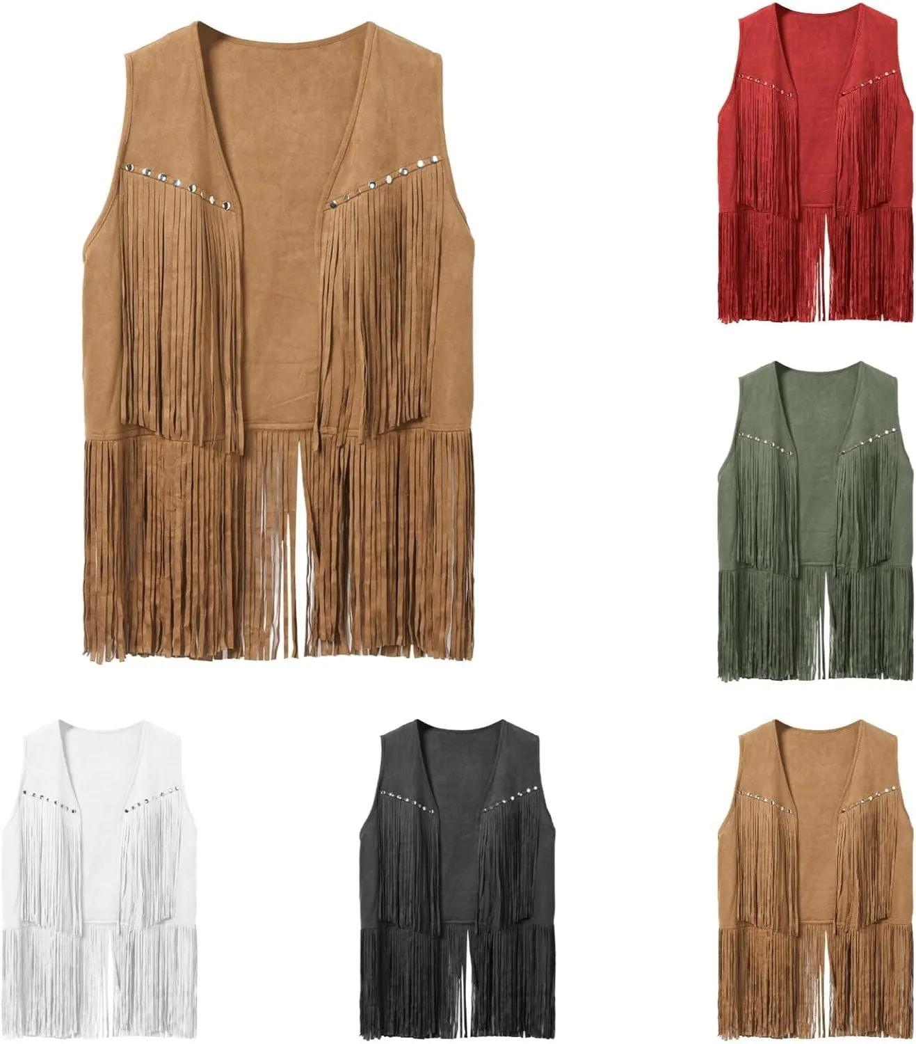 Men's Faux Suede Vest V Neck Fringe Sleeveless Western Cowboy Open Front Vest Party Club Waistcoat Jacket Tops