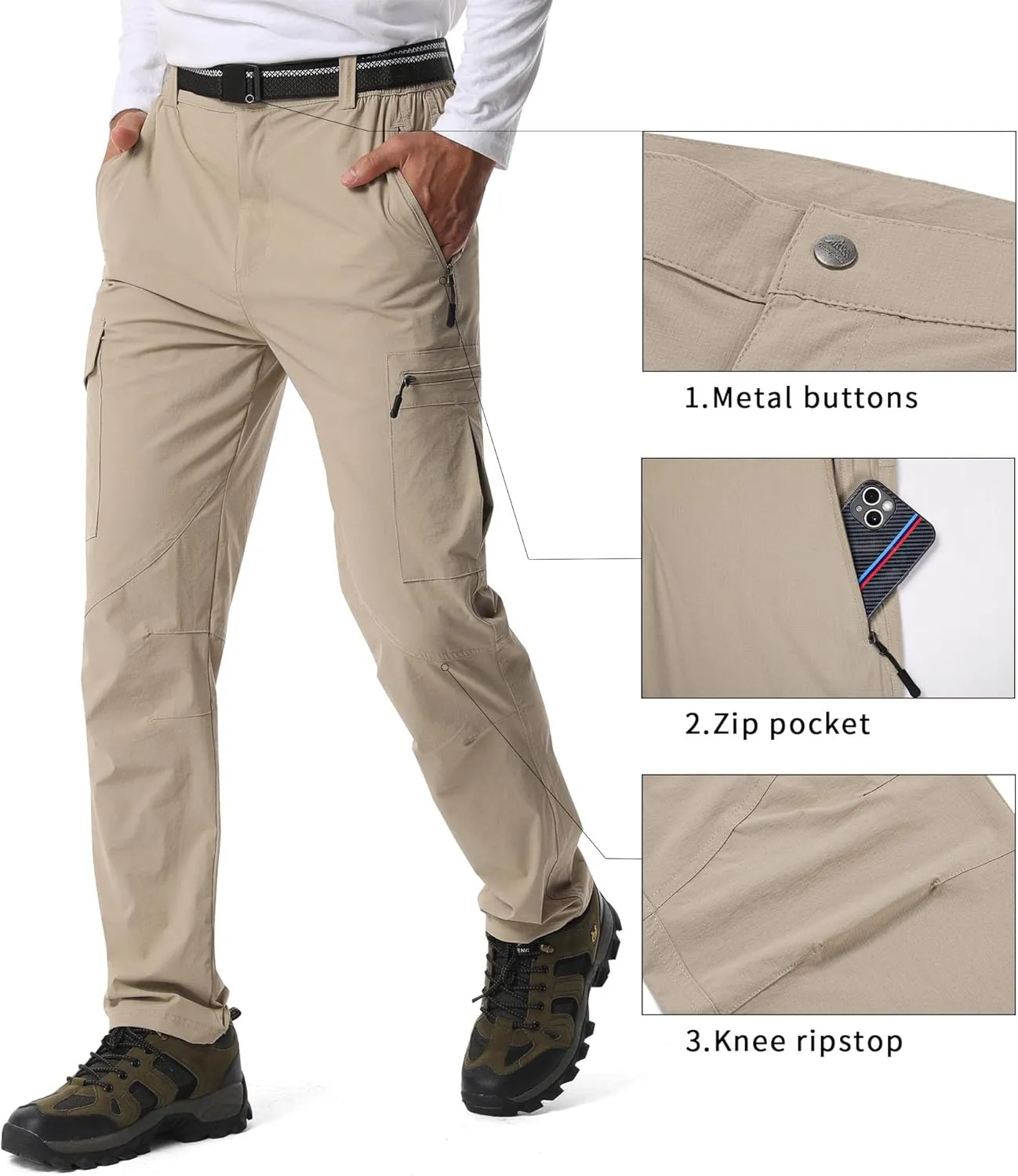 Mens Hiking Pants,Light Weight Cargo Outdoor Breathable with 6 Pockets, Summer Casual Quick Dry Waterproof Fishing Pants