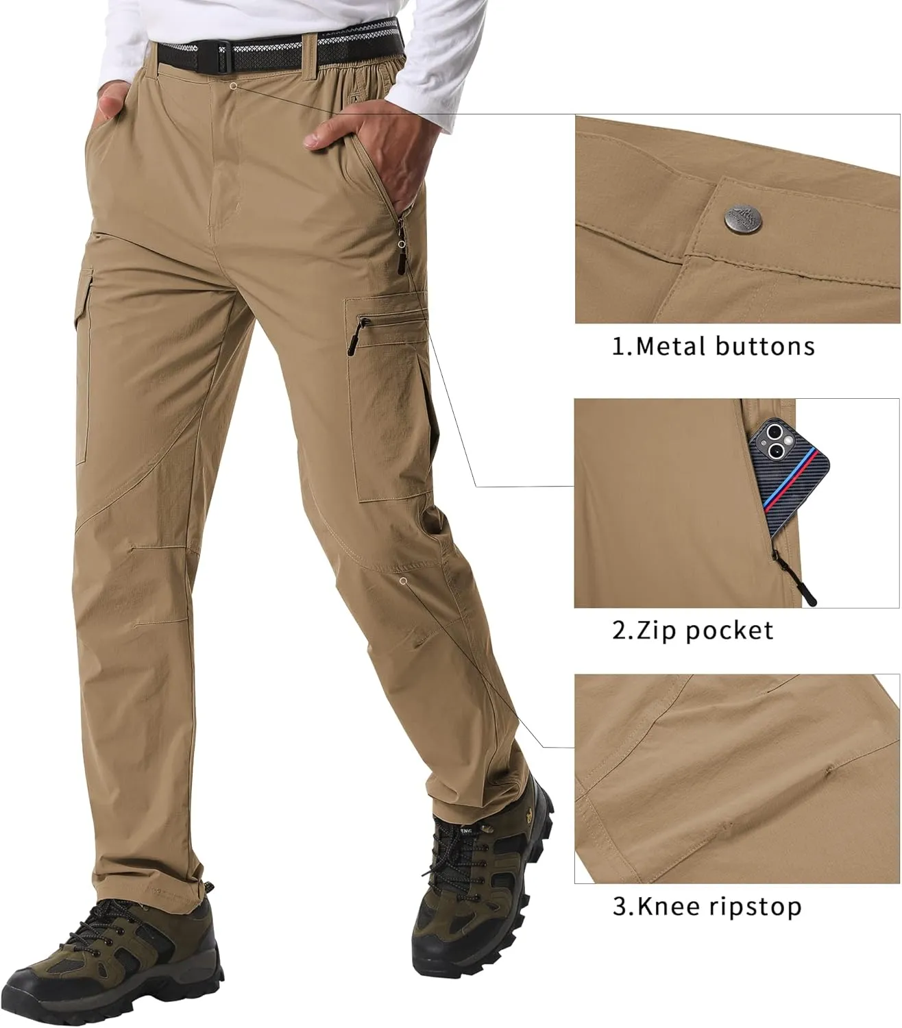 Mens Hiking Pants,Light Weight Cargo Outdoor Breathable with 6 Pockets, Summer Casual Quick Dry Waterproof Fishing Pants
