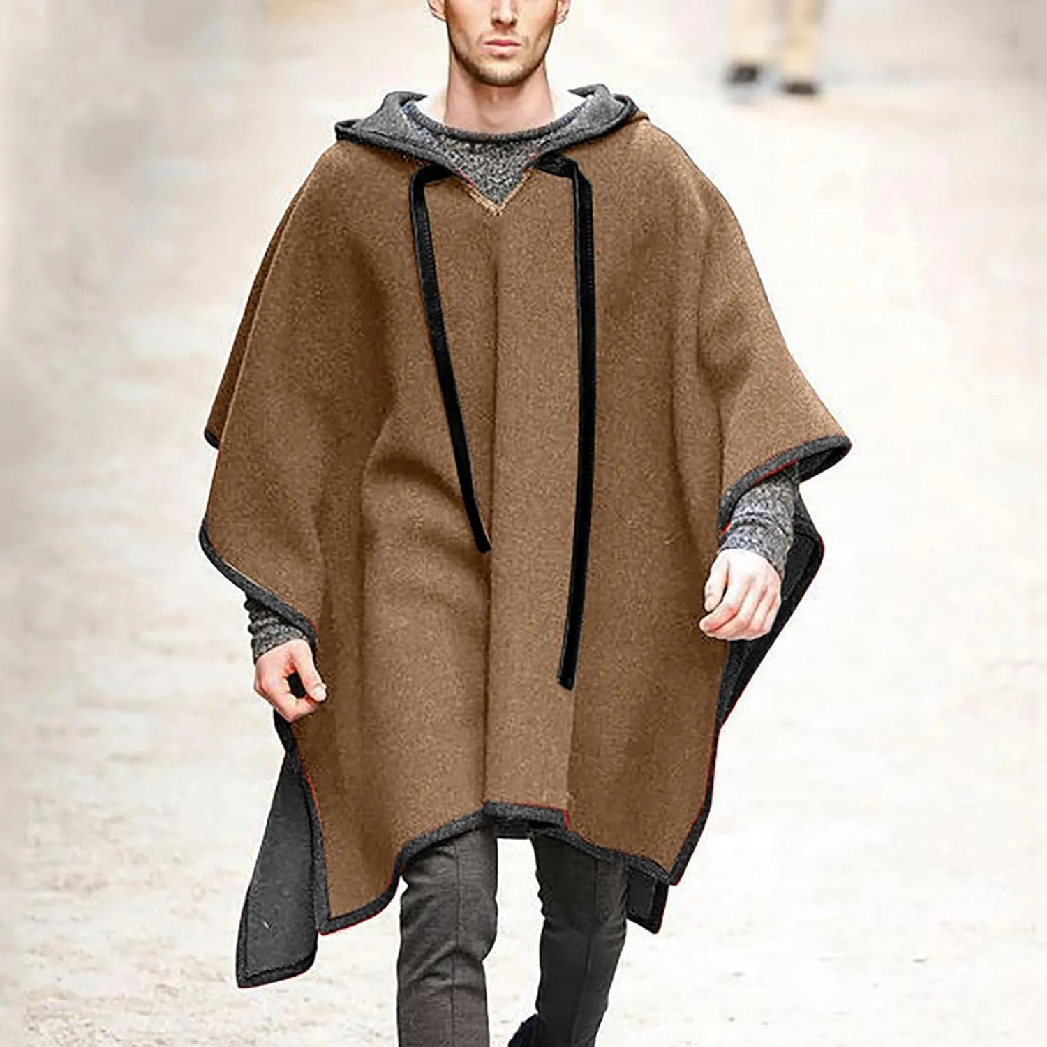 Men's Hooded Poncho Cape Cloak Fashion Hoodie Pullover with Pocket Trend Outdoor Casual Long Coats Windbreaker