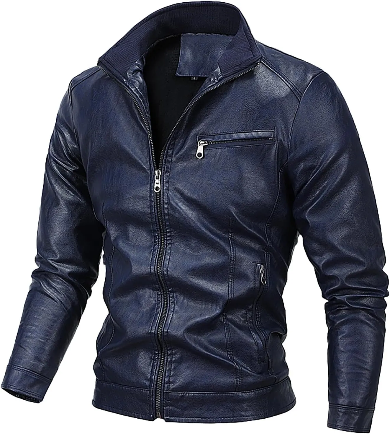 Men's Leather Jacket Stand Collar Faux Biker Vintage Motorcycle Outwear Long Sleeve Waterproof Distressed Zip Jackets