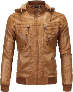 Mens Leather Jacket Winter Vintage Zipper Hoodie Color Imitation Leather Coat