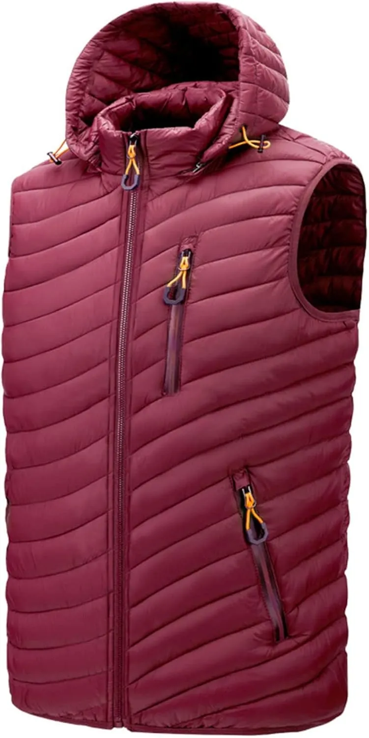 Men's Lightweight Vest with Hood Cotton-Padded Jacket Zipper Casual Warm Winter Outdoor Coat