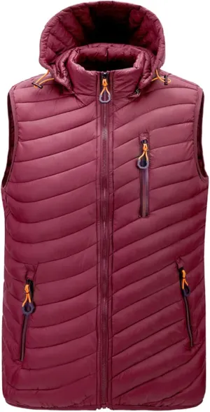Men's Lightweight Vest with Hood Cotton-Padded Jacket Zipper Casual Warm Winter Outdoor Coat