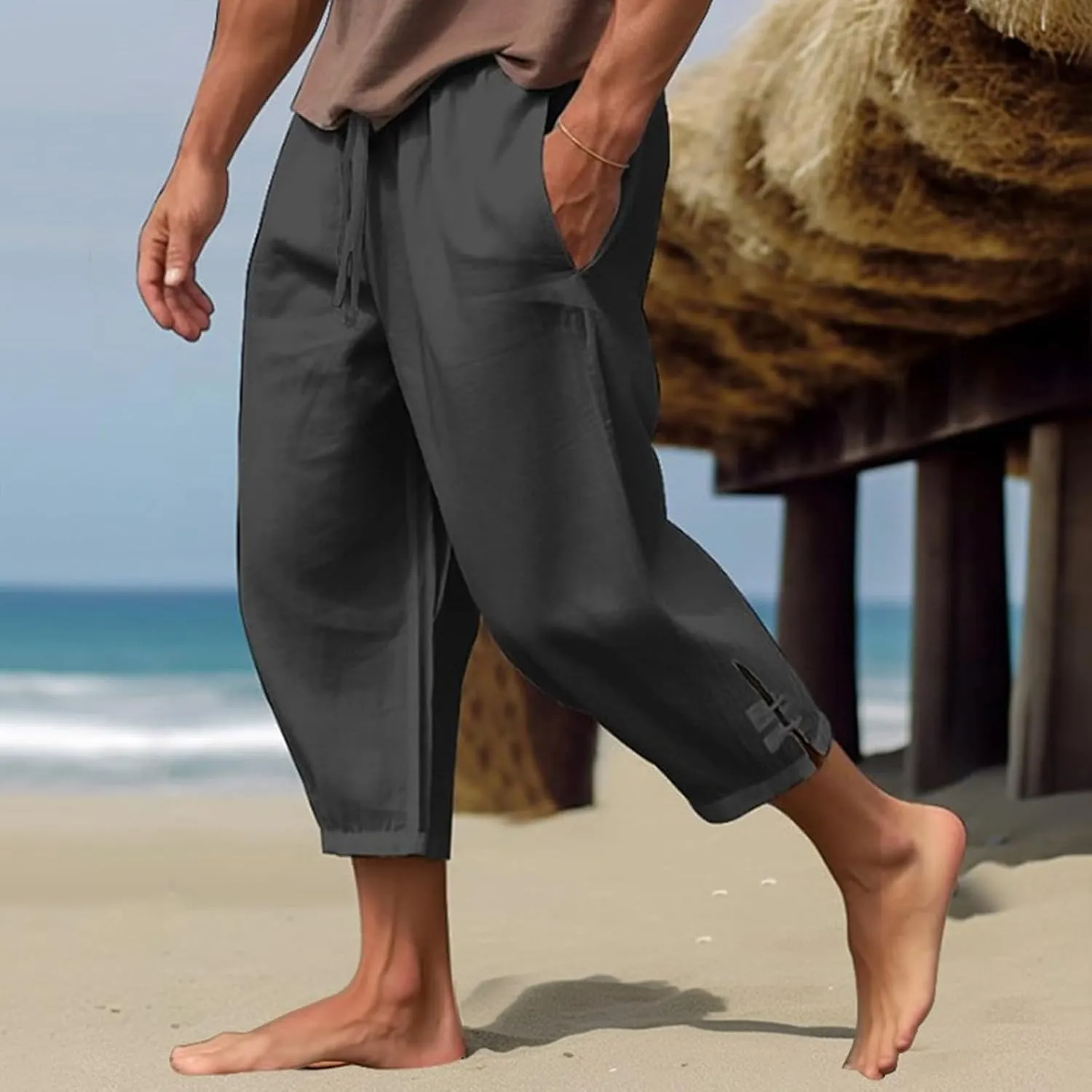 Men's Linen Casual Harem Capri Pants Lightweight Loose 3/4 Shorts Drawstring Elastic Waist Hippie Beach Yoga Trousers