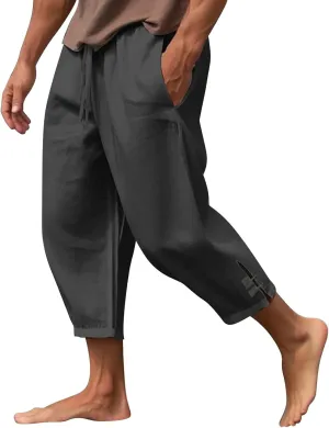 Men's Linen Casual Harem Capri Pants Lightweight Loose 3/4 Shorts Drawstring Elastic Waist Hippie Beach Yoga Trousers