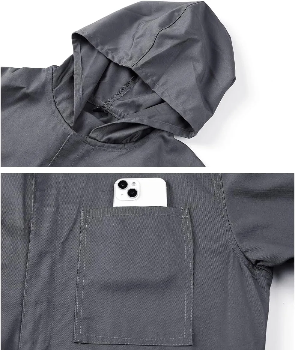 Men's Long Sleeve Zip-Front Coverall Lightweight Work Coveralls Mechanic Overall Jumpsuit with Hood