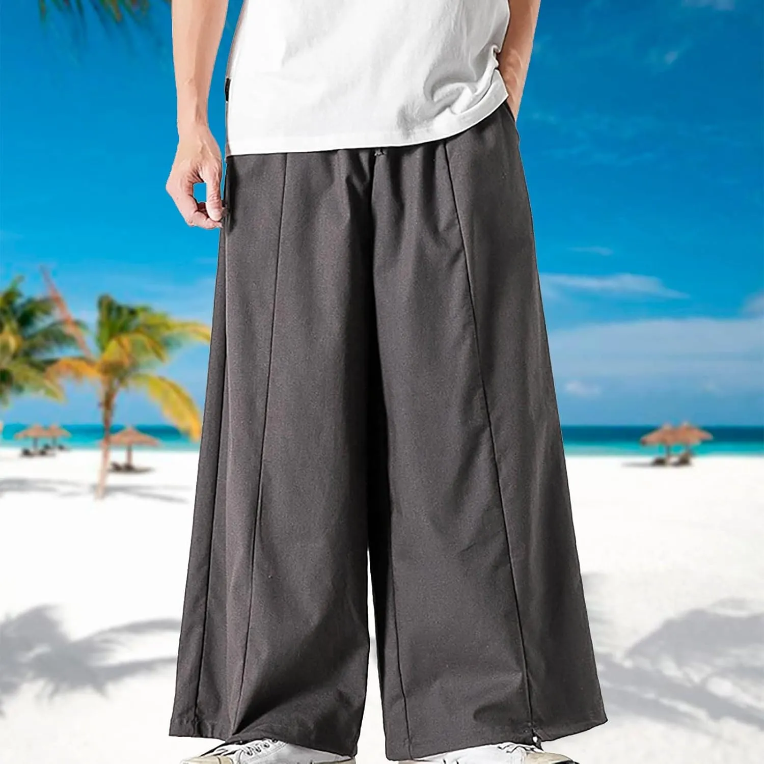 Mens Loose Fit Linen Harem Pants Wide Straight Leg Streetwear Bloomer Pants Summer Beach Yoga Hippie Trousers for Men