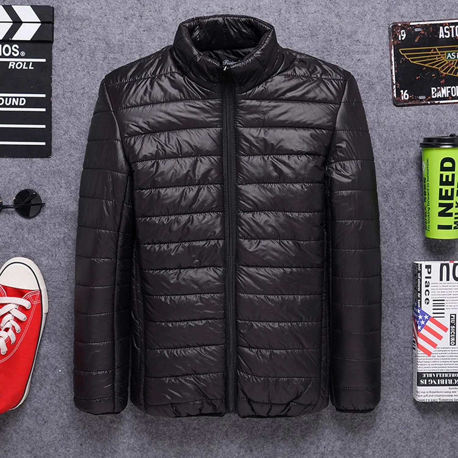 Men's Puffer Jacket Lightweight Packable Down Coat Stand Collar Quilted Jacket Plus Size Warm Casual Winter Jacket