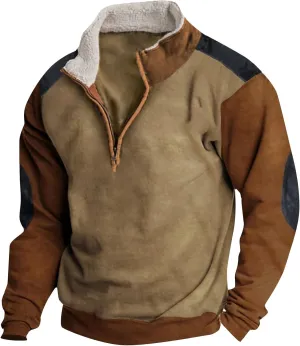 Men's Quarter Zipper Sherpa Sweatshirts 2025 Thermal Warm Sweater 1/4 Zip Stand Collar Cowboy Print Tactical Jacket