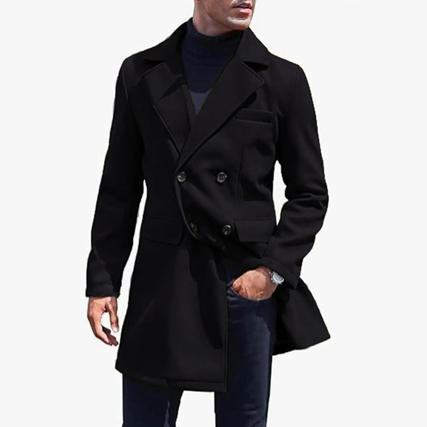 Men's Single Breasted Winter Peacoat Casual Trench Slim Fit Overcoat with Pockets