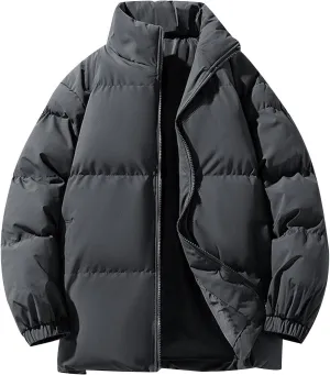Men's Stand Collar Puffer Jacket Winter Warm Down Coats Cotton Padded Waterproof Outerwear with Pockets