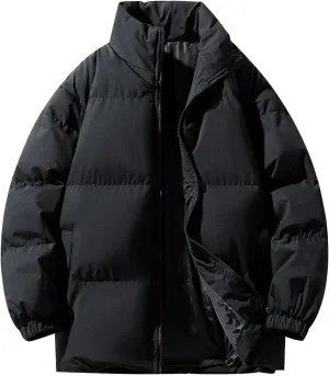 Men's Stand Collar Puffer Jacket Winter Warm Down Coats Cotton Padded Waterproof Outerwear with Pockets