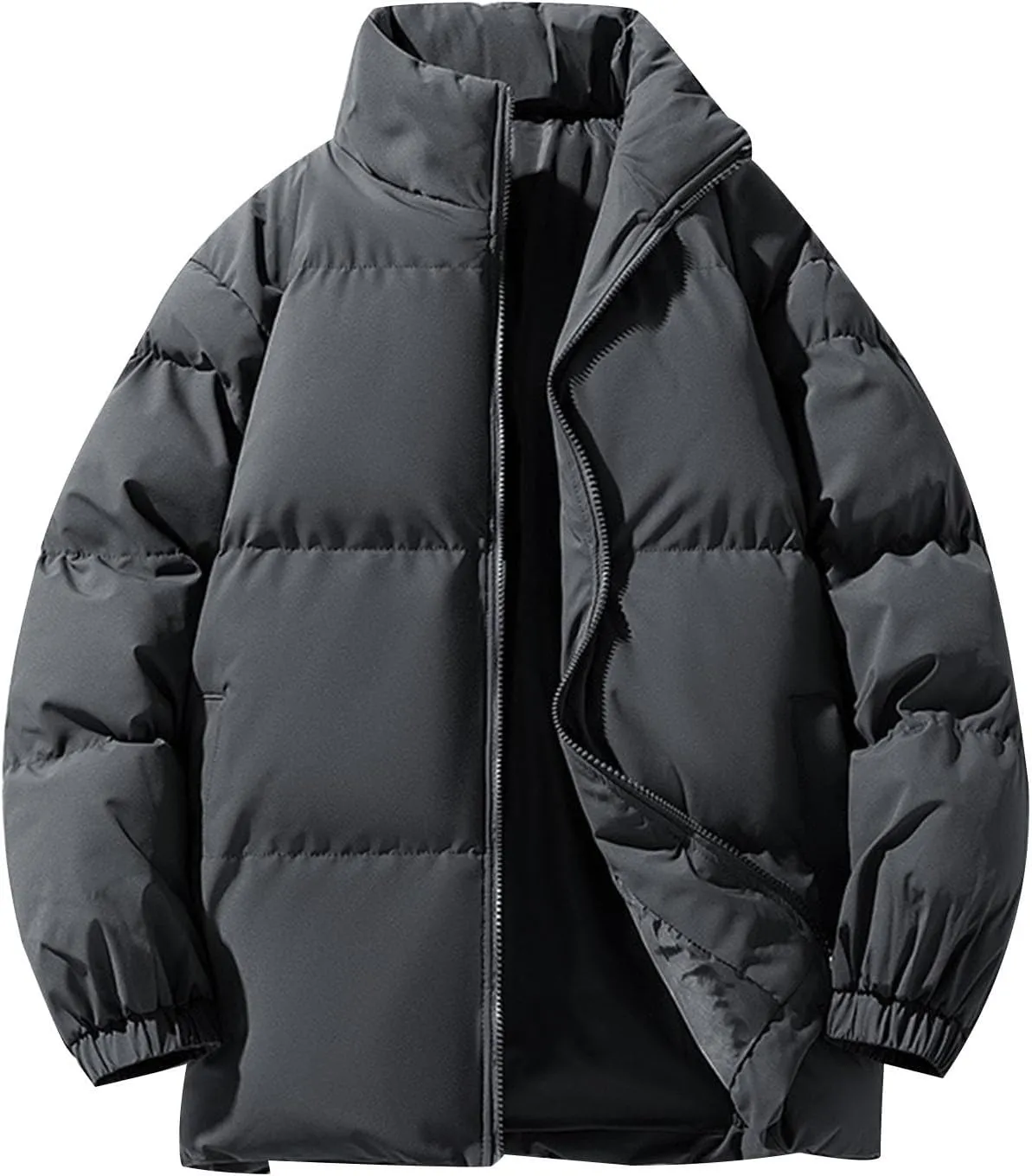 Men's Stand Collar Puffer Jacket Winter Warm Down Coats Cotton Padded Waterproof Outerwear with Pockets