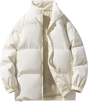 Men's Stand Collar Puffer Jacket Winter Warm Down Coats Cotton Padded Waterproof Outerwear with Pockets