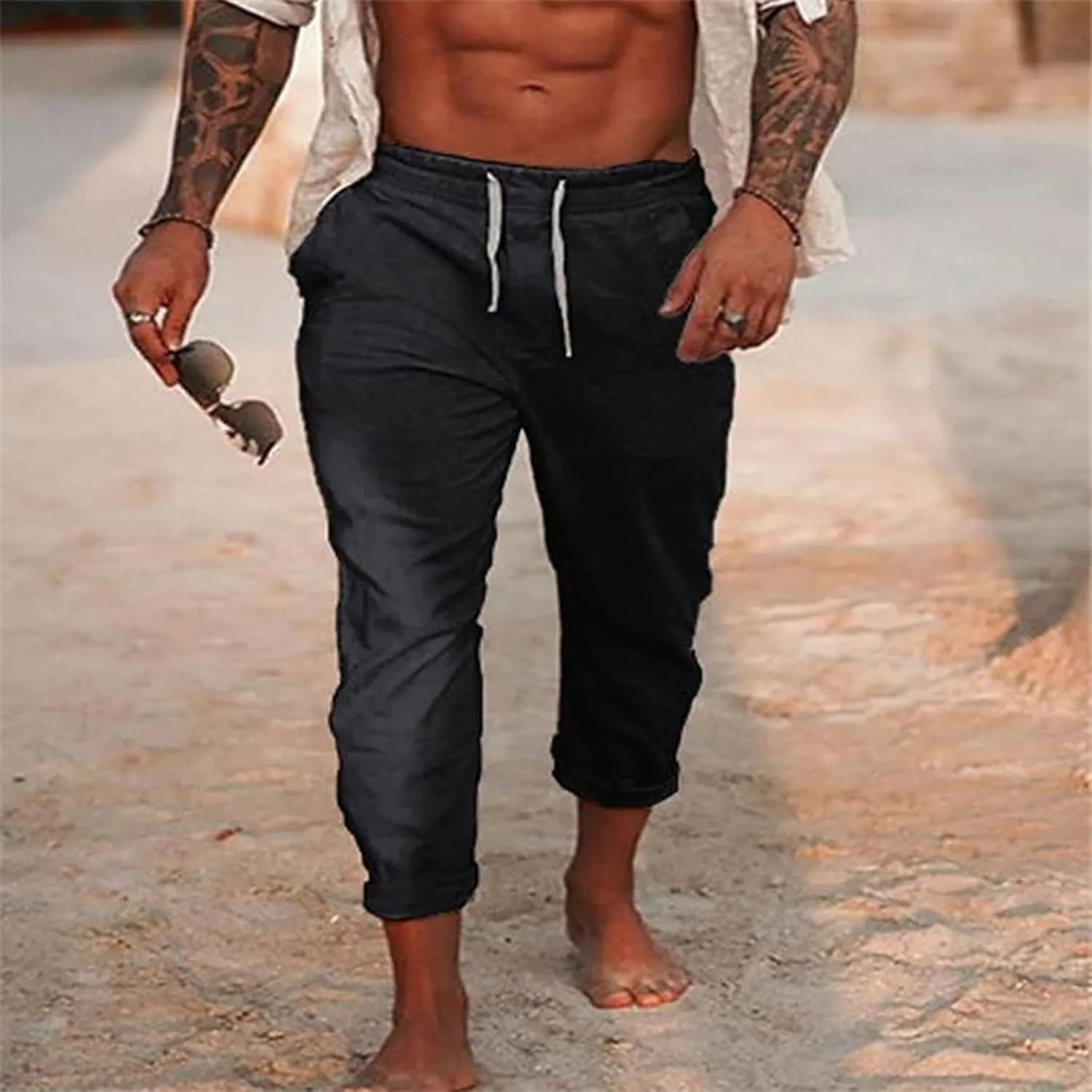 Men's Summer Cotton and Linen Solid Color Drawstring Loose Casual Outdoor Beach Pants 2025