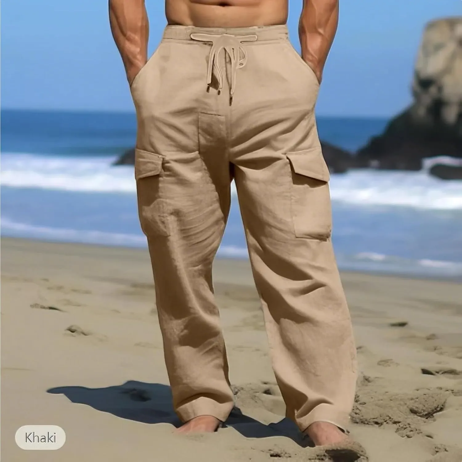 Men's Summer Cotton Pants Pull Rope Multi-Pocket Straight Leg Daily Outdoor Hemp Casual Pants 2025