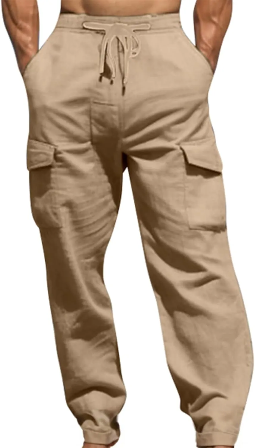Men's Summer Cotton Pants Pull Rope Multi-Pocket Straight Leg Daily Outdoor Hemp Casual Pants 2025