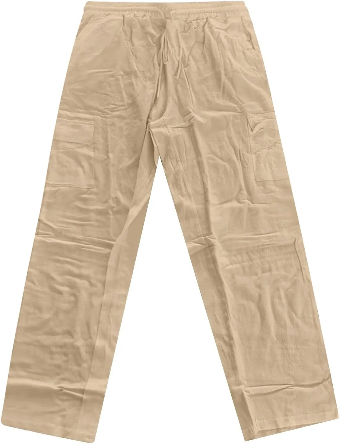 Men's Summer Cotton Pants Pull Rope Multi-Pocket Straight Leg Daily Outdoor Hemp Casual Pants 2025