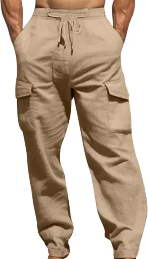 Men's Summer Cotton Pants Pull Rope Multi-Pocket Straight Leg Daily Outdoor Hemp Casual Pants 2025