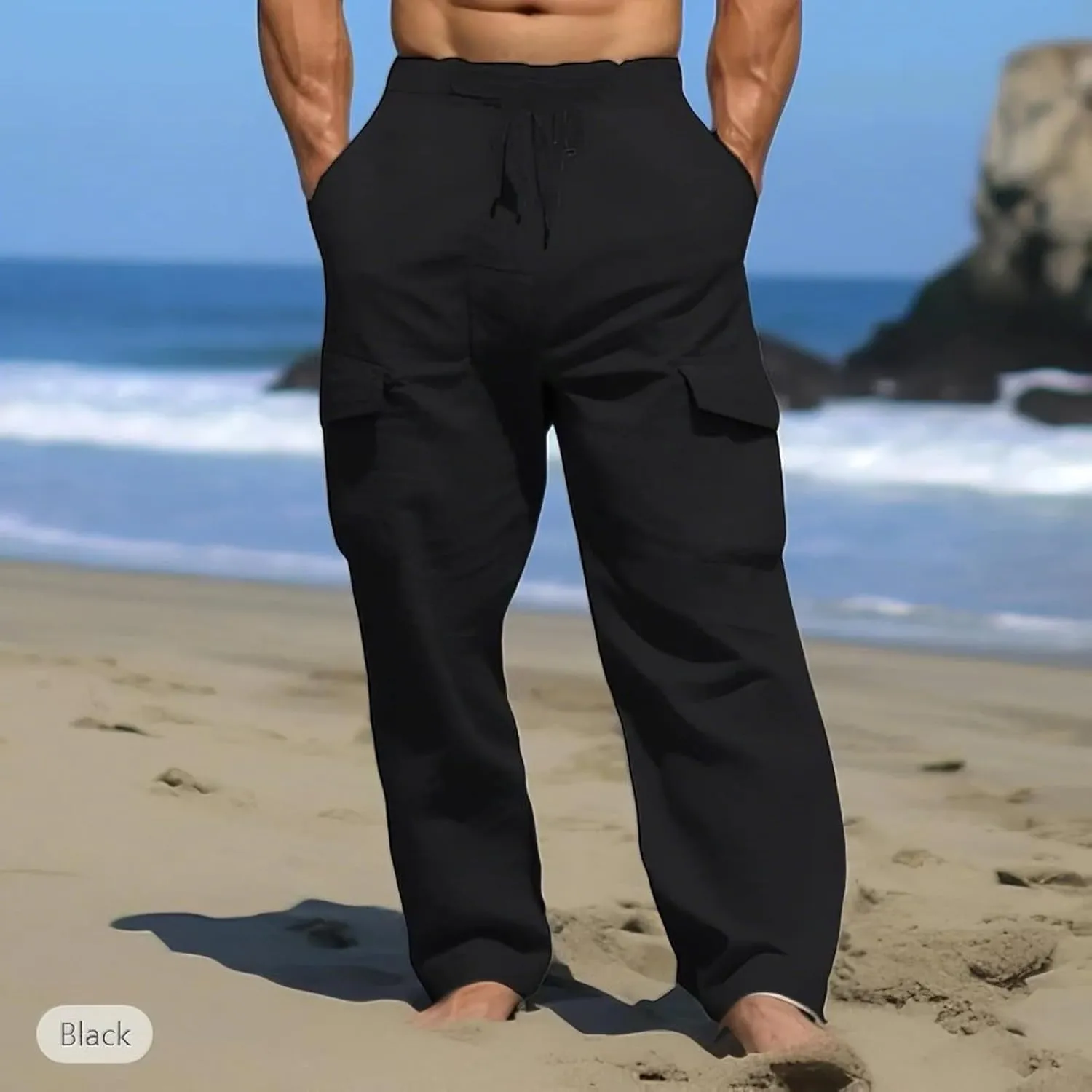 Men's Summer Cotton Pants Pull Rope Multi-Pocket Straight Leg Daily Outdoor Hemp Casual Pants 2025