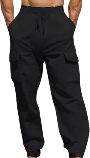 Men's Summer Cotton Pants Pull Rope Multi-Pocket Straight Leg Daily Outdoor Hemp Casual Pants 2025