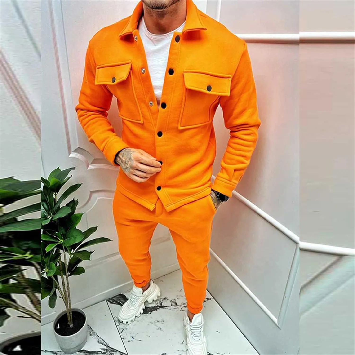 Mens Tactical Suit Sets 2 Piece Long Sleeve Button Up Running Shirt and Jogger Pants Athletic Jogging Outfits Set