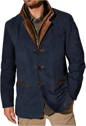 Mens Vintage Faux Leather Trucker Jacket with Suede Lapel Collar, Button-Down, Thickened Buckskin Coat