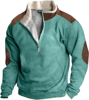 Men's Vintage Western Cowboy Zipper Sweatshirt Fluffy Fleece Sweater 1/4 Zip Stand Collar Cowboy Print Jacket Coats