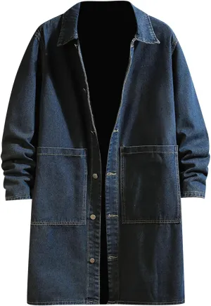 Mens Winter And Autumn Loose Casual Denim Trench Coat Long Coat Weather Jacket Mens Jackets