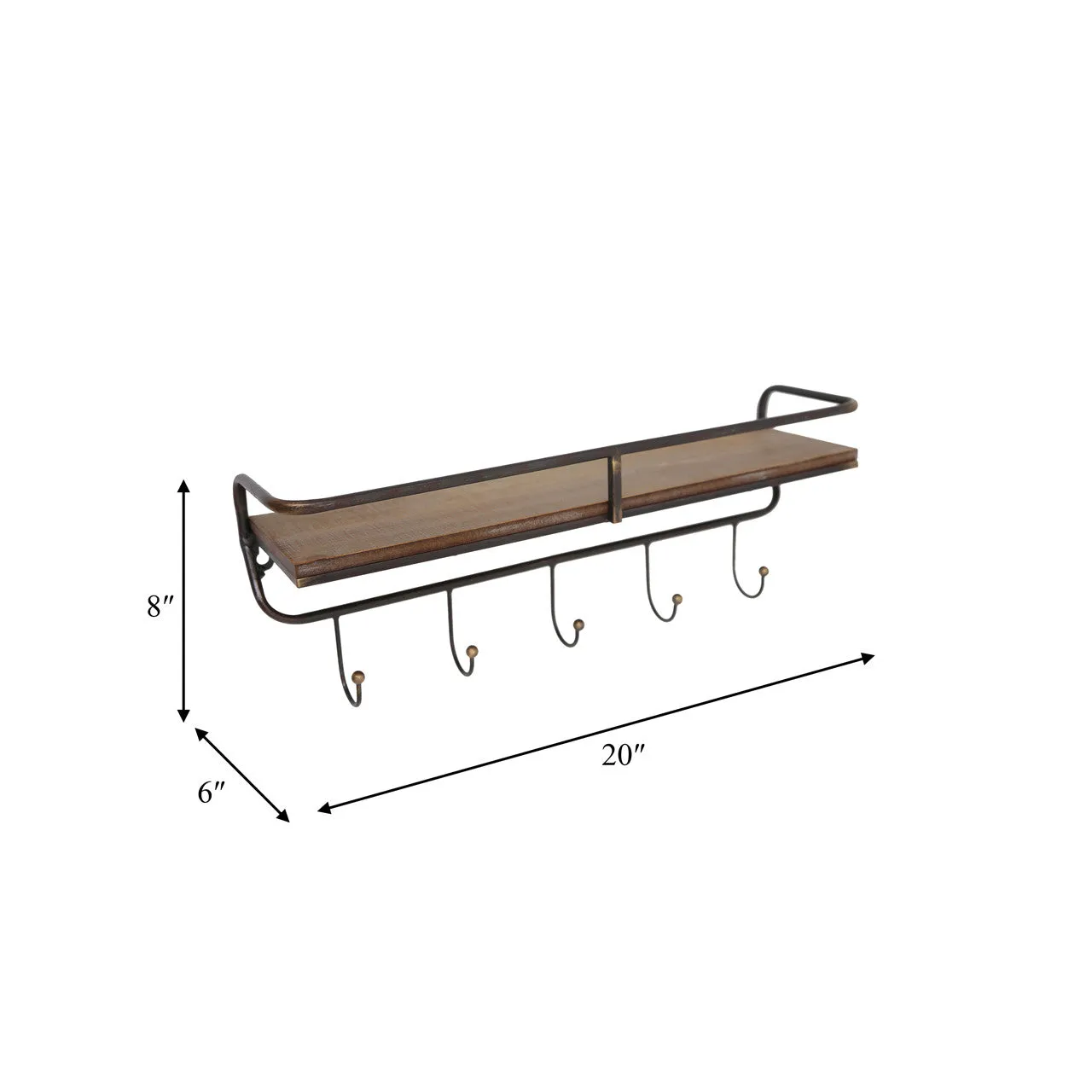 Metal/ Wood, 20" 5 Hook Wall Shelf/ Brown