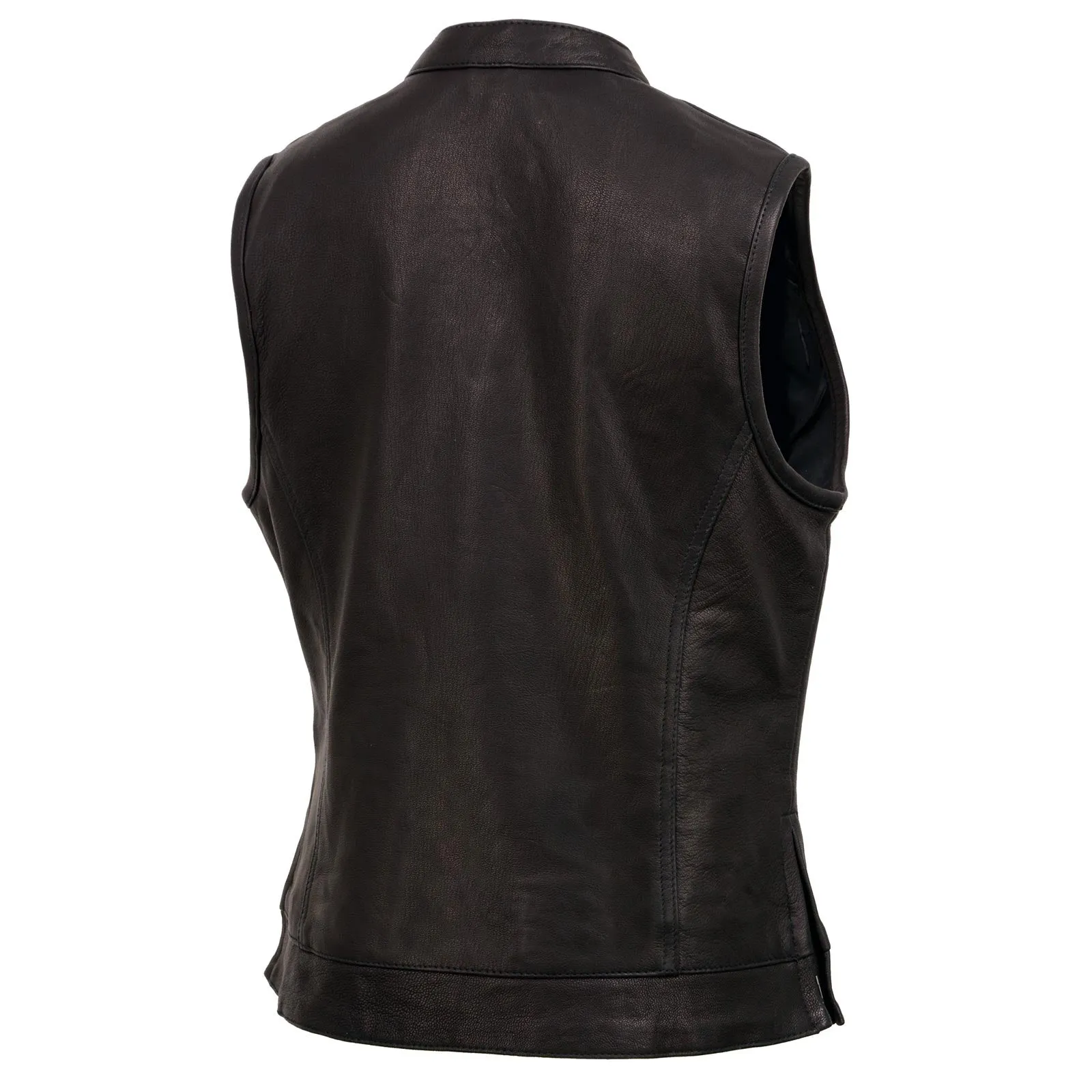 MLL4512 Women’s Black Leather 'Lashes' Club Style Motorcycle Rider Vest W/ Concealed Dual Closure