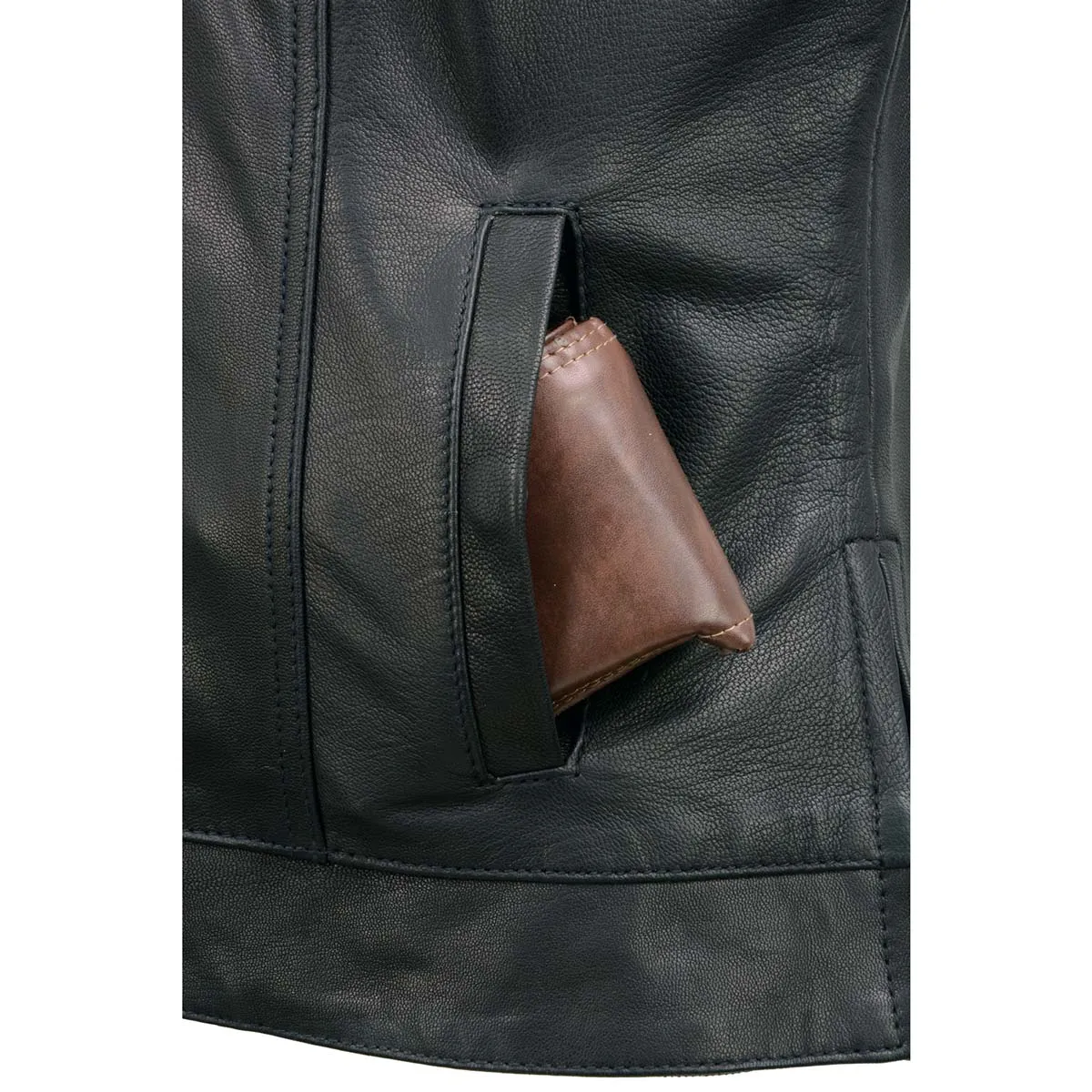 MLL4512 Women’s Black Leather 'Lashes' Club Style Motorcycle Rider Vest W/ Concealed Dual Closure