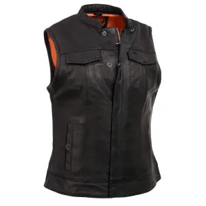 MLL4512 Women’s Black Leather 'Lashes' Club Style Motorcycle Rider Vest W/ Concealed Dual Closure